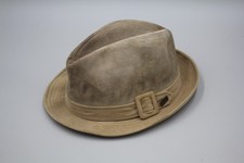 Vintage DOBBS Fedora Hat Tan Brown Suede Leather Size 7-1/4 Distressed Belted