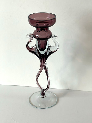 Krosno Makora Blown Art Glass Twisted Candlestick  8 3/4'' Purple 1970's Unused