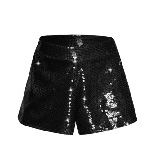 Women's High Elastic Waist Glitter Sequins Shorts Sparkly Wide Leg Party Shorts - Picture 27 of 36