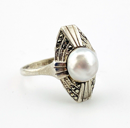 French Art Deco Ring Cultured Button Pearl Marcasite Sterling Silver Signed Sz 7 - Picture 10 of 14