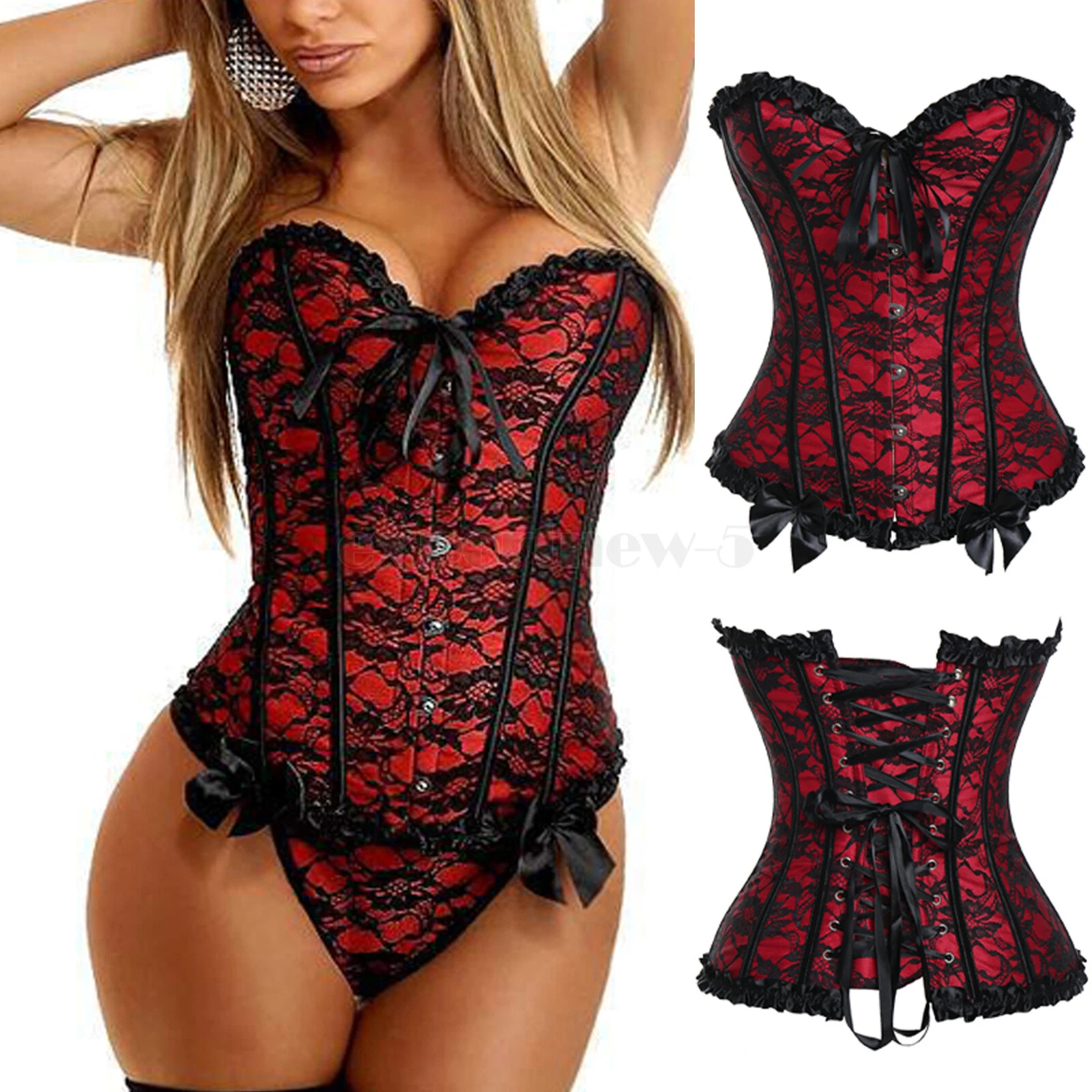 Women's Overbust Corset Top Lace-Up Basque Boned Costume Size 6-22-image