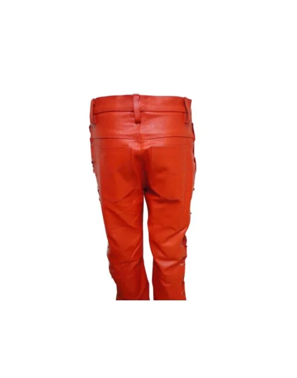 Nuevos Pantalones Rojos Hombres Genuinos Con Cordones Motociclista Elegante Diseñador Cuero Piel de Cordero Pista Foto 3 de 4