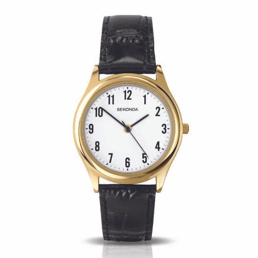 Sekonda 35mm Gold Watch With Black Leather Band White Dial