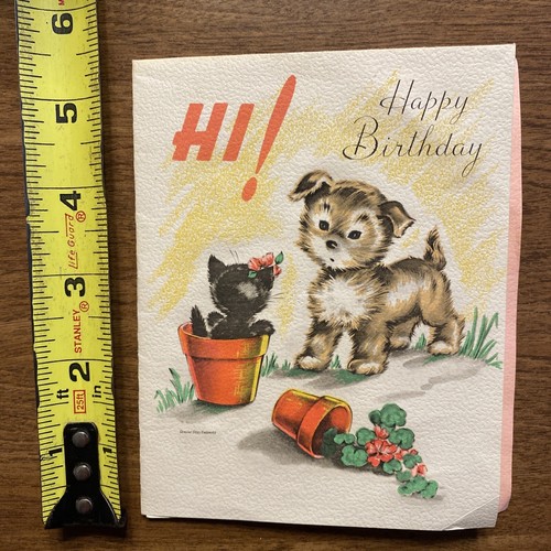 Tarjeta de felicitación de feliz cumpleaños vintage de los años 40 gatito gato cachorro perro jugando P2C - Imagen 10 de 17