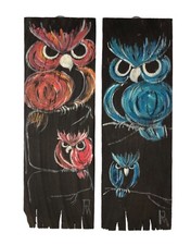 2 pc Folk Art Pauline McQueen Hand Painted Spooky Owls on Cedar Shingles