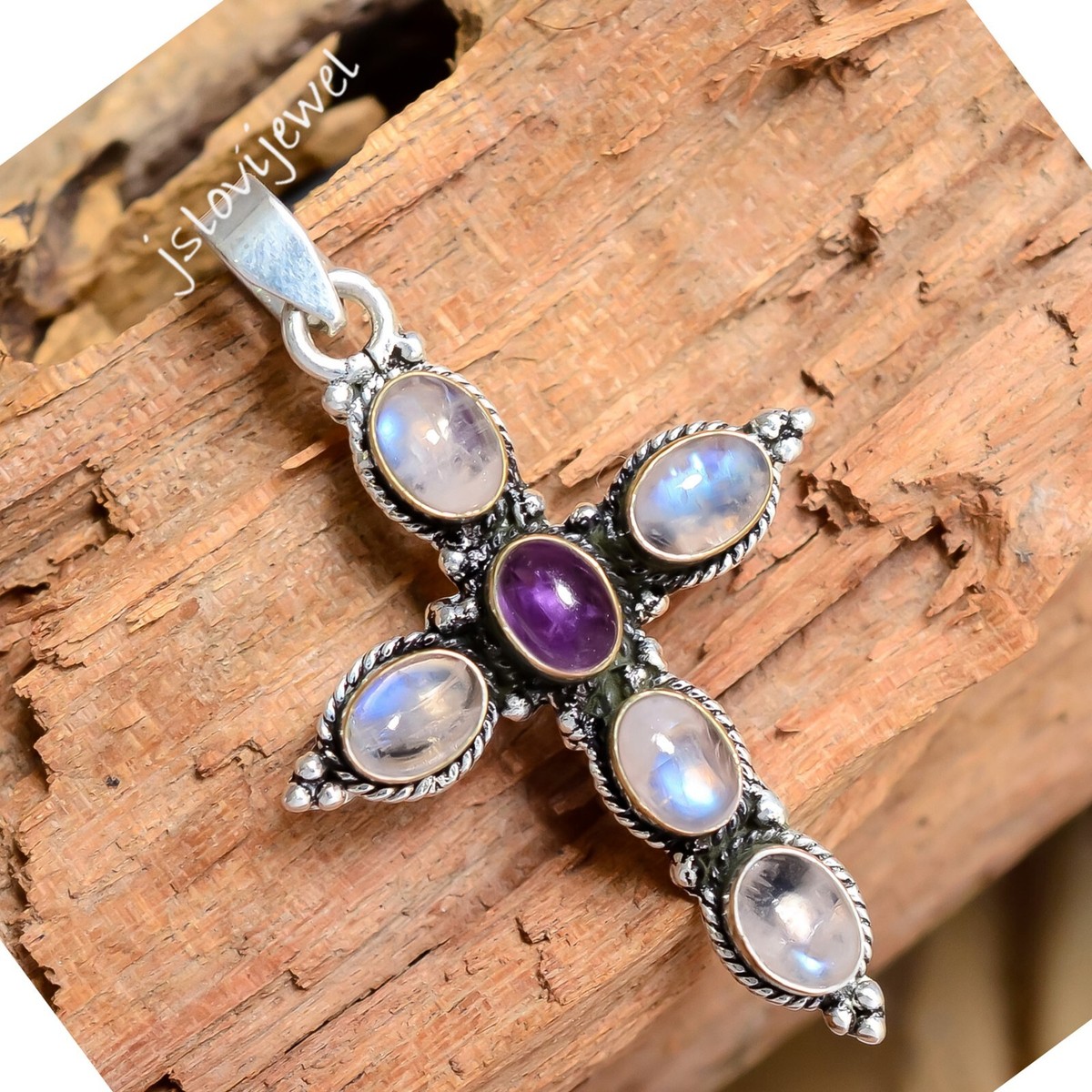 Rainbow Moonstone Amethyst Gemstone 925 Sterling Silver Cross