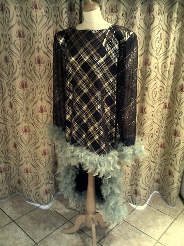 Drag Queen High fronted Black/Silver dress with light green feathers 20/22