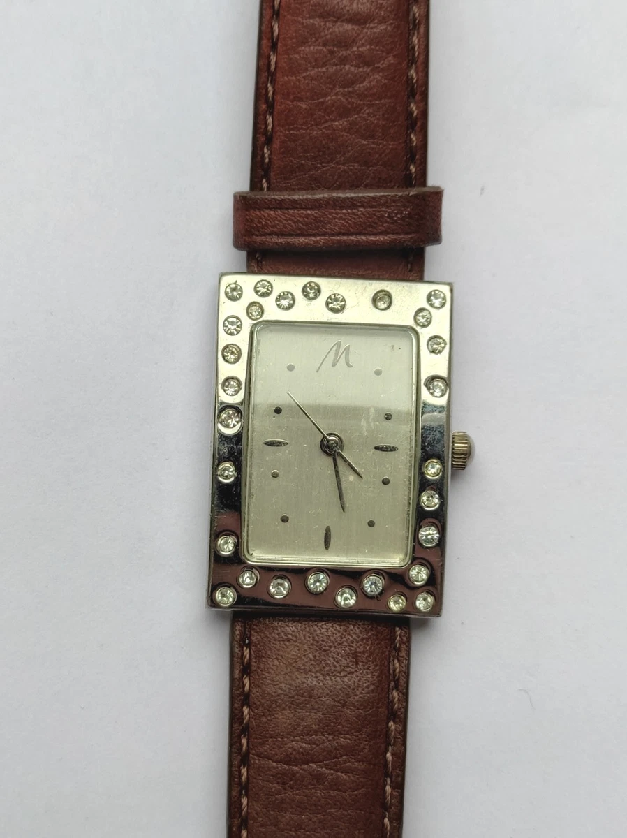 Marionnaud women s rectangular gemmed case leather strap watch eBay