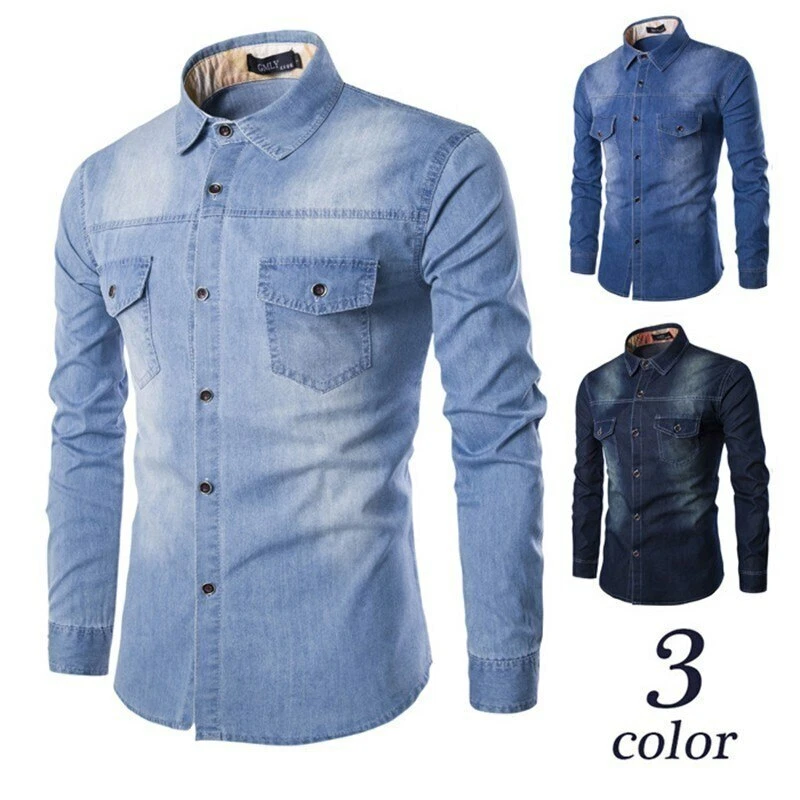 Camisa Vaquera Elegante Para Hombres Solapa Cárdigan De Manga Larga Jeans |