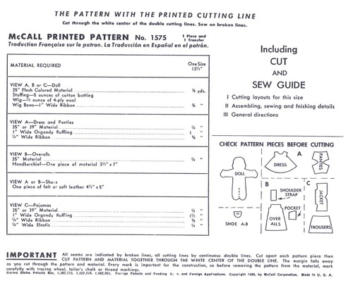 McCall 1575 Cloth Doll Pattern Awake & Asleep Clothing Dress Francine 13.5" Tall - Picture 3 of 4