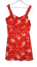 All In Favor Mini Dress Size L Red White Floral Ruffle Straps Chiffon A-Line