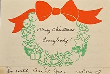 Christmas Card Vintage - Holiday Wreath Design - Red Bow Green Toys - 3 Panel