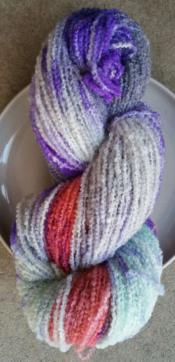 Hand Dyed 100% Merino Boucle Yarn, 100g 200m Purple, Orange, Aqua, Grey 8 Ply