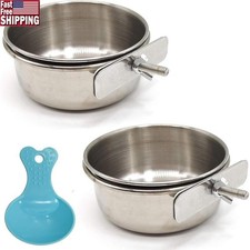 2PCS Stainless Steel Bird Feeding Bowls W/ Spoon Parrot Cage Food Water Cups New