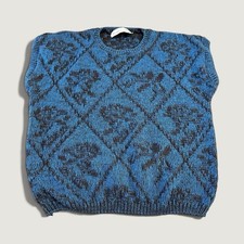 Vintage Kate Collins Sweater Vest Blue Black Size L Boxy Grandpa 80s USA Made