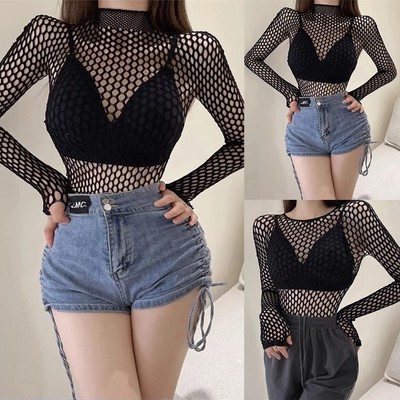 Classy Black Hollow Fishnet Mesh Top for Women with Slim Fit and Long Sleeve