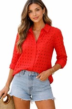 Adiva Orange Blouse Small S Embroidered Eyelet Cutout Collared Button Down