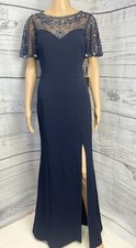 NWT Aidan Mattox Twilight Navy Blue Gown Sz 4 Beaded Mesh Slit Dress $440