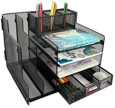 Metal Mesh Desk Organizer, 1 Sliding Drawer, 4 Horizontal Trays and 2 Vertica...
