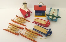 Lot of 8 Vtg Small Wooden Metal Christmas Tree Holiday Ornaments 2-4"  Assorted