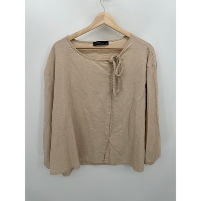 Zanzea Button Up Shirt Women XL* Tan Tie Front Lagenlook Boho Top Cotton