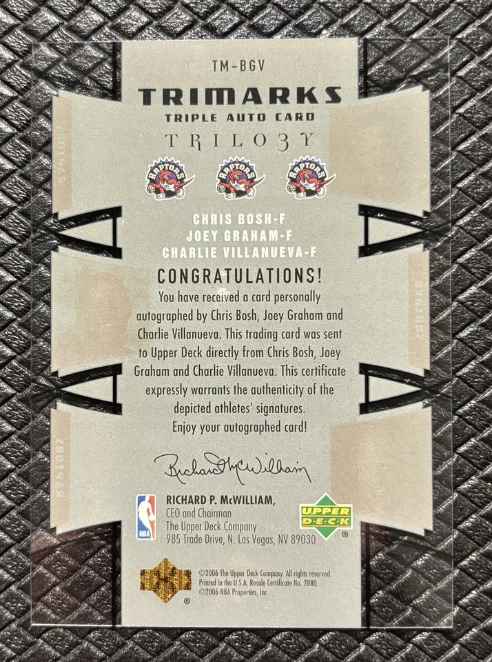 CHRIS BOSH GRAHAM VILLANUEVA 2006-07 UD Trilogy Trimarks Triple Auto /40 Raptors - Image 2 of 2