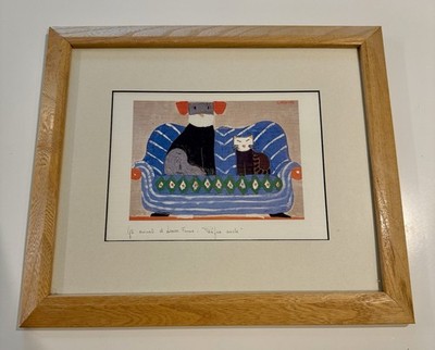 Vintage Laura Fiume Signed Print Pacifica Societa Framed Naive Art 15x13 Cat Dog