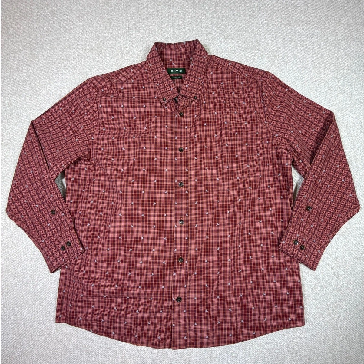 Orvis Active Fit Mens XL Orange Plaid Long Sleeve Casual Geese Outdoor Shirt