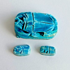 Vintage Egyptian Carved Faience Scarab Blue Beetle Focal Bead and 2 Accent Beads