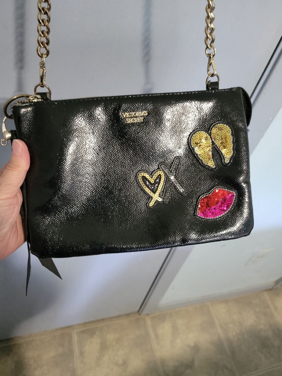 Victoria Secret Black Patent Crossbody shoulder bag Sequins adjustable strap