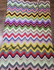 Handmade Chevron Colorful Afghan Crochet Throw Vintage Lap Blanket 53"x33"