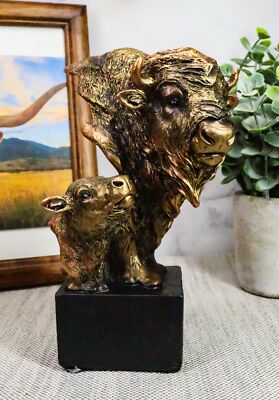 Ebros Gift 6'' Tall Wild Bison and Calf Head Bust Figurine with Black Pedestal
