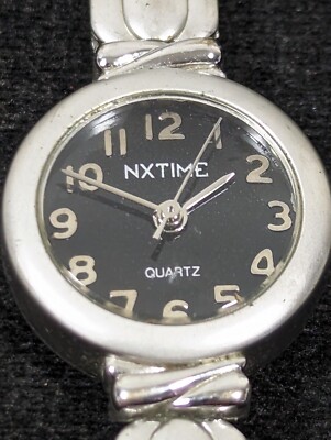 NXTIME Black Dial Brushed Silver Tone Round Case Link Bracelet Band Watch 7 Inch