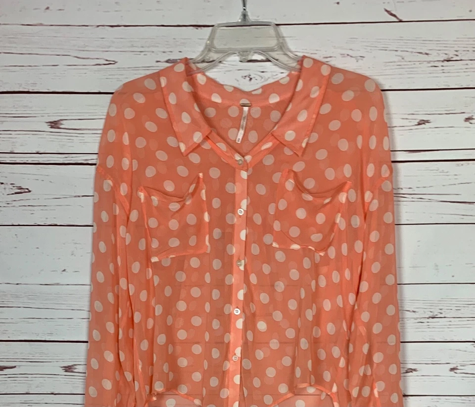 Blusa Top Free People Para Mujer XS Extra Pequeña Blanco Melocotón Lunares Manga Larga Foto 2 de 4