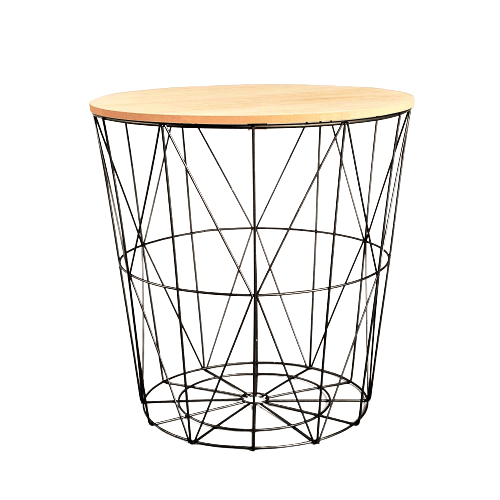 Retro Black Metal Wire Wood Top Storage Round Side Table Basket Home