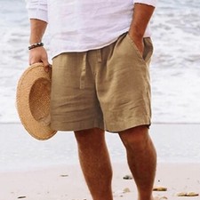 Mens Cotton Linen Shorts Summer Beach Hawaiian Drawstring Waist Short Pants