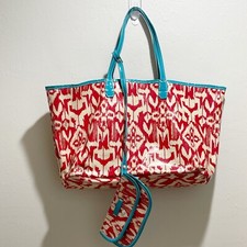 CLAVA Women’s WELLIE MARKET TOTE in Red Turquoise Ikat Print Attached Pouchette