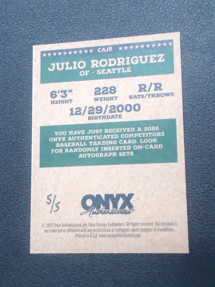 Julio Rodriguez 2022 ONYX VINTAGE COMPETITORS AUTO 5/5 Card #CAJR - Image 2 of 2