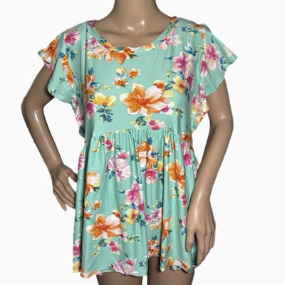 HAPTICS Tropical Ruffle Knit Top Short Sleeve Blouse Mint Floral Small Shirt