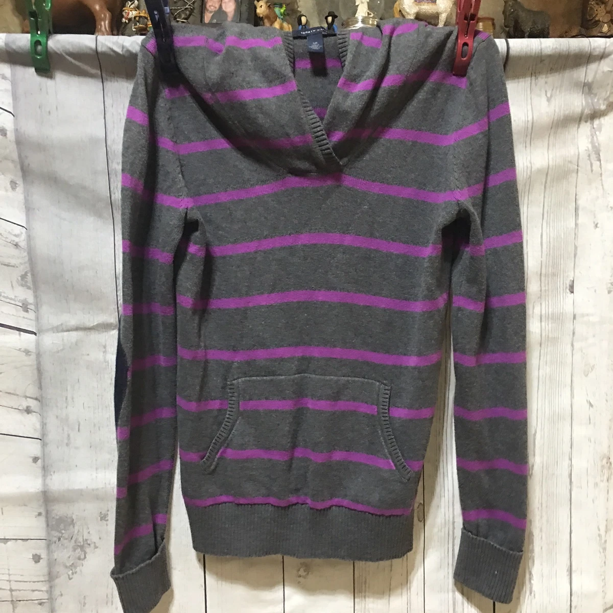 89 Tommy Hilfiger Hoodie Size SMALL Gray Purple Striped Pullover