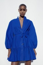 BNWT: STUNNING RUFFLED SHIRT 100% COTTON DRESS from ZARA: SIZE: LARGE: BLUE