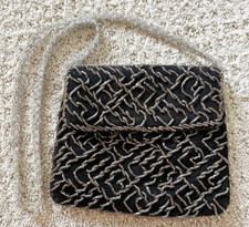 Walborg Black Beaded Handbag Silver Seed Bead Satin Flapper Art Deco Evening