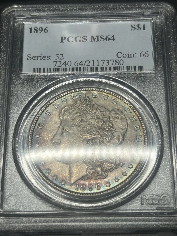 Dólar de plata Morgan 1896 graduación profesional MS64 tonificado colorido tonificación de doble cara Foto 4 de 4