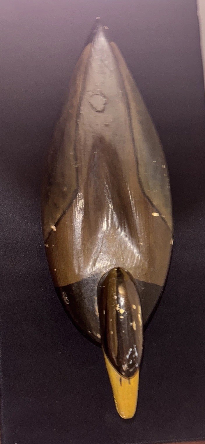 VINTAGE HAND CARVED AND PAINTED Brown HEADED WOODEN DUCK DECOY MARKED MICHAEL?