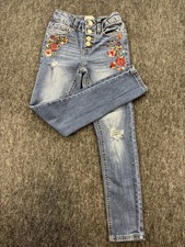SO Girls Size 7 Jeans w/ Floral embroidery Skinny Snap Closure Adjustable Waist