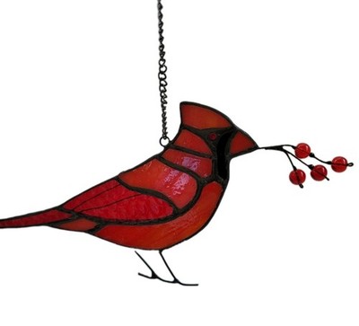 Stained Glass Cardinal Suncatcher Window Hanging Red Bird Berries & Chain NIB