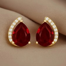 Pera Cut Lab Created Ruby  Dimaond Stud Earrings 14K Yellow gold Plated