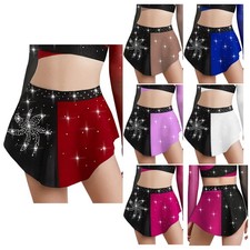 Kids Girls Dancewear Tango Costume Performance Skirt Rhinestones Birthday Shiny