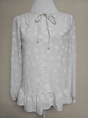 LOFT Women's Blouse Top Long Sleeve Keyhole Neck White Color Top Ruffles.Size S