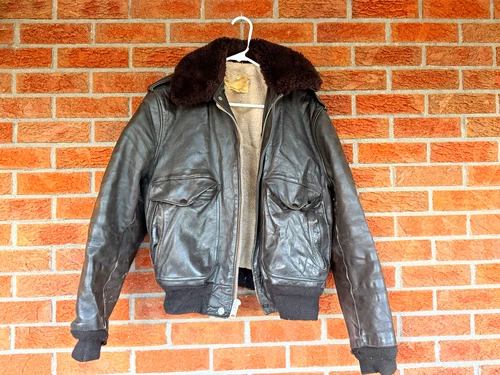 Schott NYC Brown Leather Fur Collar Lined Bomber Jacket Men's Size 42 - product listing photo